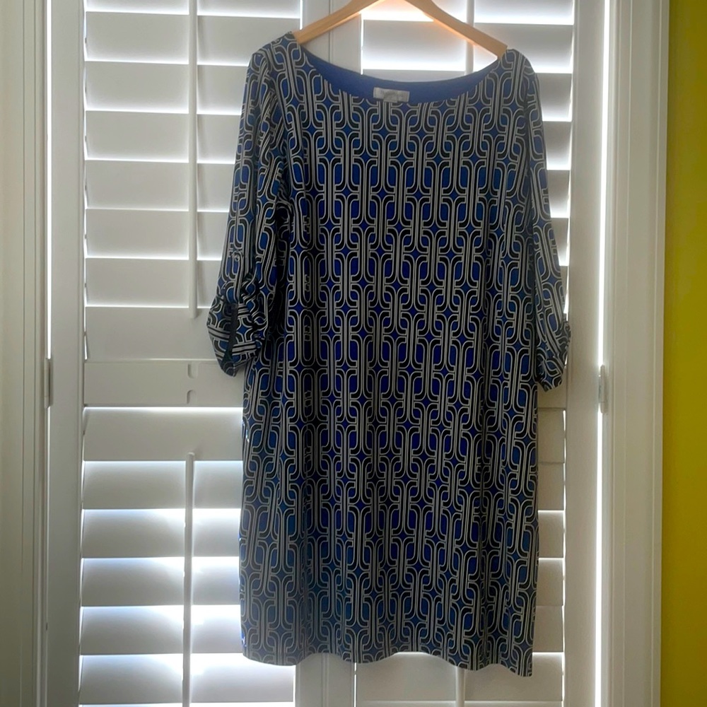 Motherhood Maternity | Geometric print blue, black & white print shift dress | X